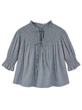 Hill House Home Zinnia Nap Top Dusty Blue Smocked Organic Cotton Blouse XS